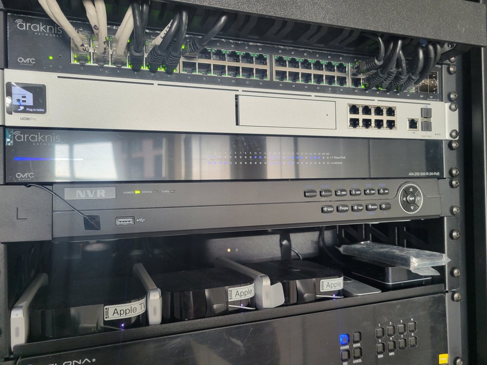 Closeup of a professional equipment rack installation showing network infrastructure and surveillance