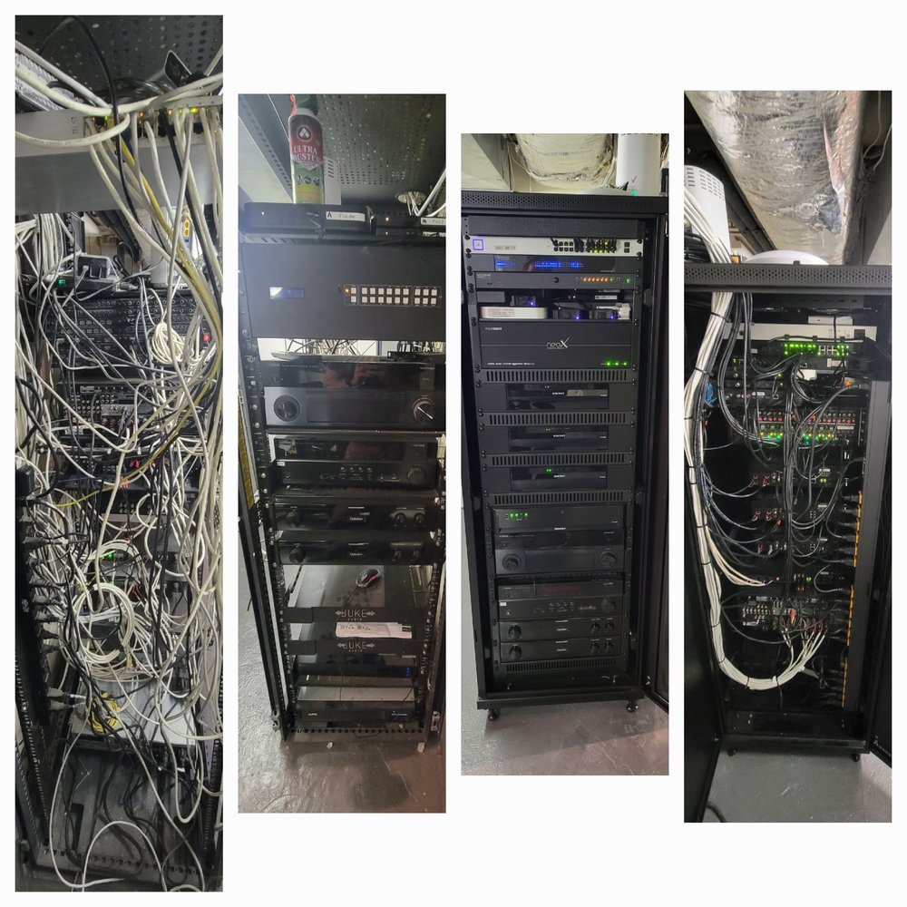 Grid of four professional AV equipment rack photographs documenting system installation. Images show