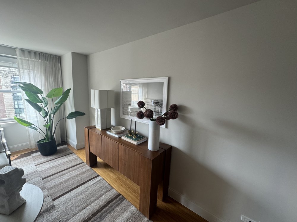 Serene contemporary entryway/hallway presenting a minimalist aesthetic. Sculptural dark wood console table